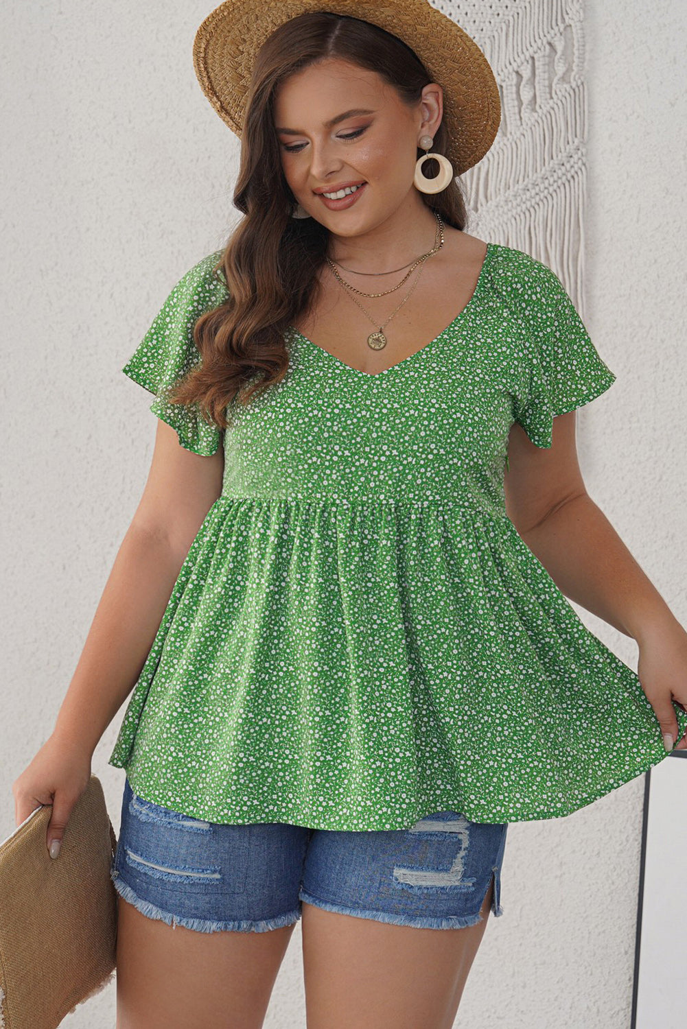 Green Floral Print Pleated Flounce Hem Short Sleeve Plus Size Top