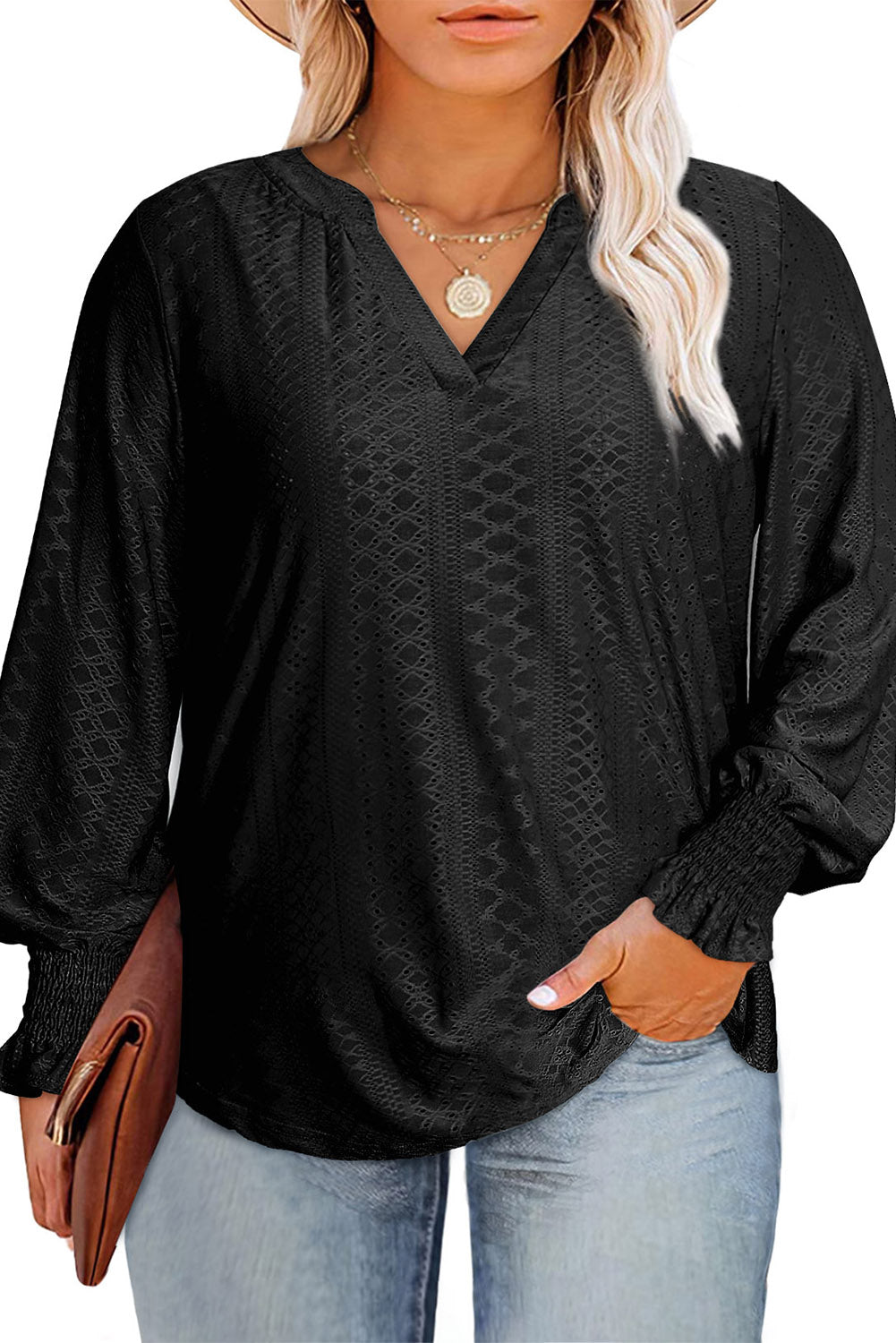 Black Eyelet Jacquard Split Neck Flounce Sleeve Plus Size Blouse