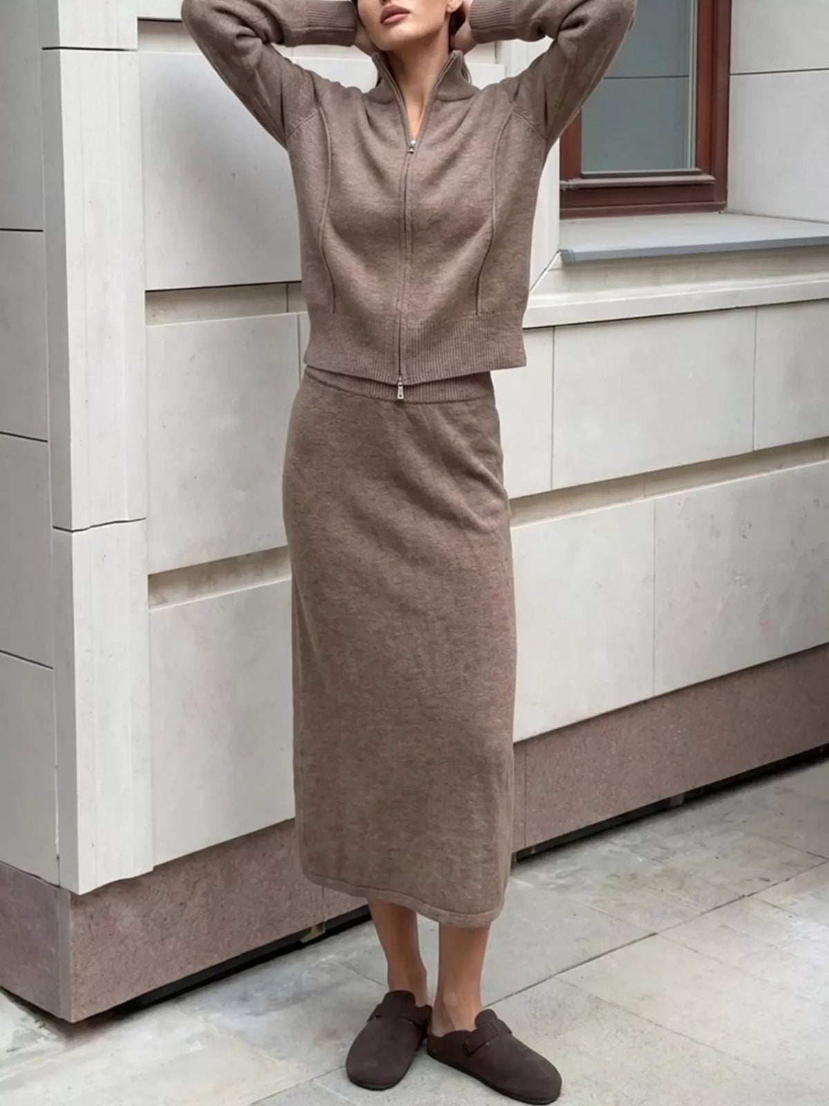 Zip-Up Mock Neck Cardigan and Matching Midi Skirt Sweater Set  Shop One Place