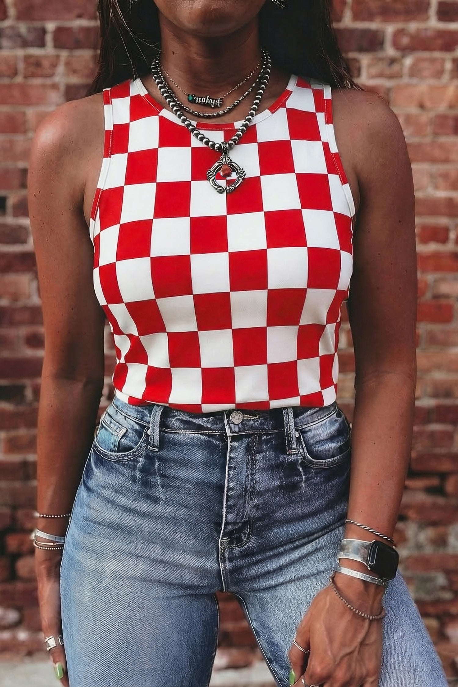 Black Checkerboard Printed Slim Tank Top  Shop One Place