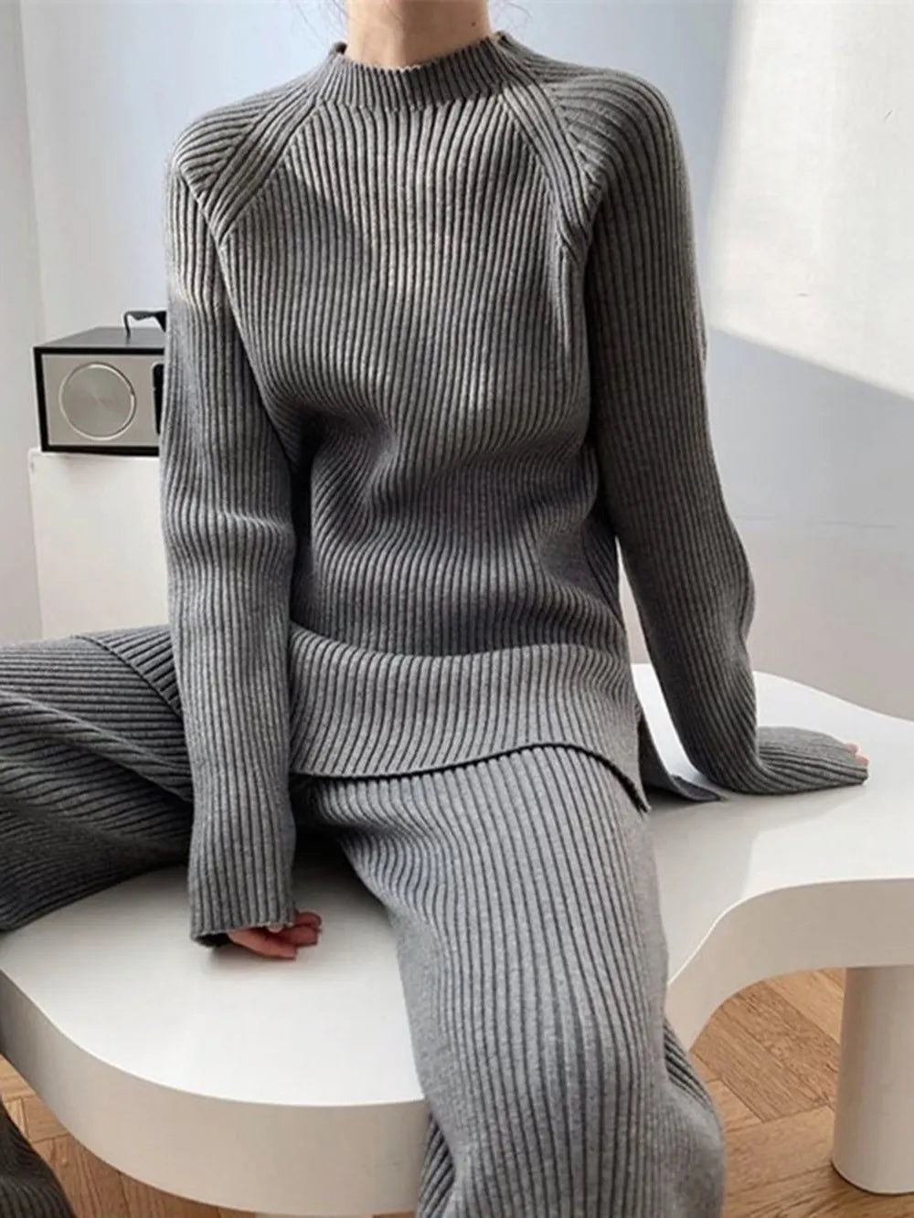 Mock Neck Raglan Sleeve Top and Pants Sweater Set  Shop One Place