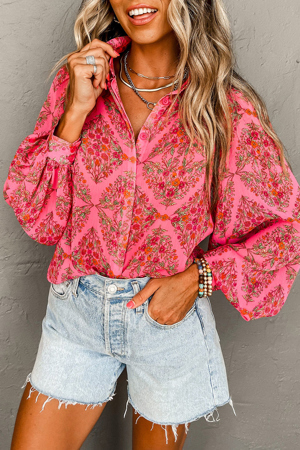 Strawberry Pink Floral Print Collared Button Up Puff Sleeve Shirt  Shop One Place