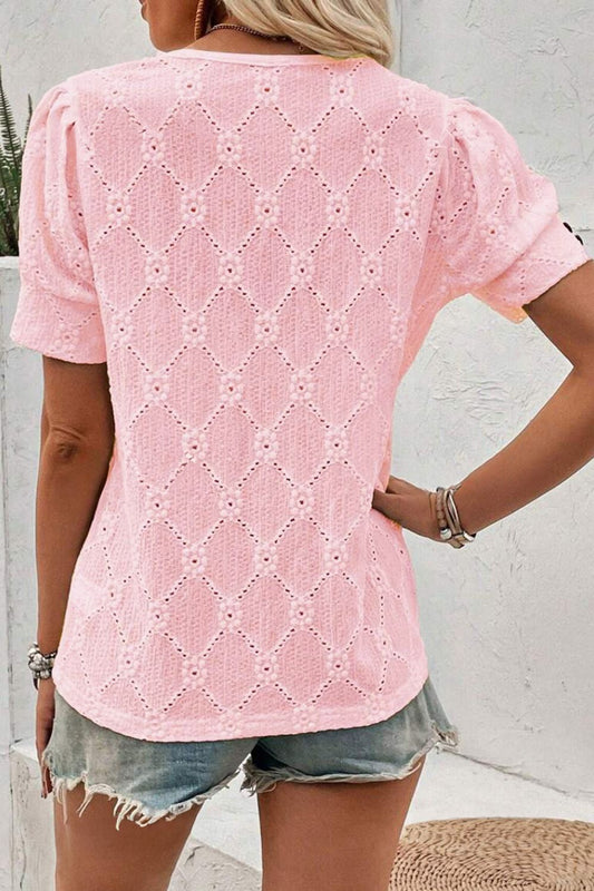 Flower Geometric Textured Short Sleeve Top  Shop One Place