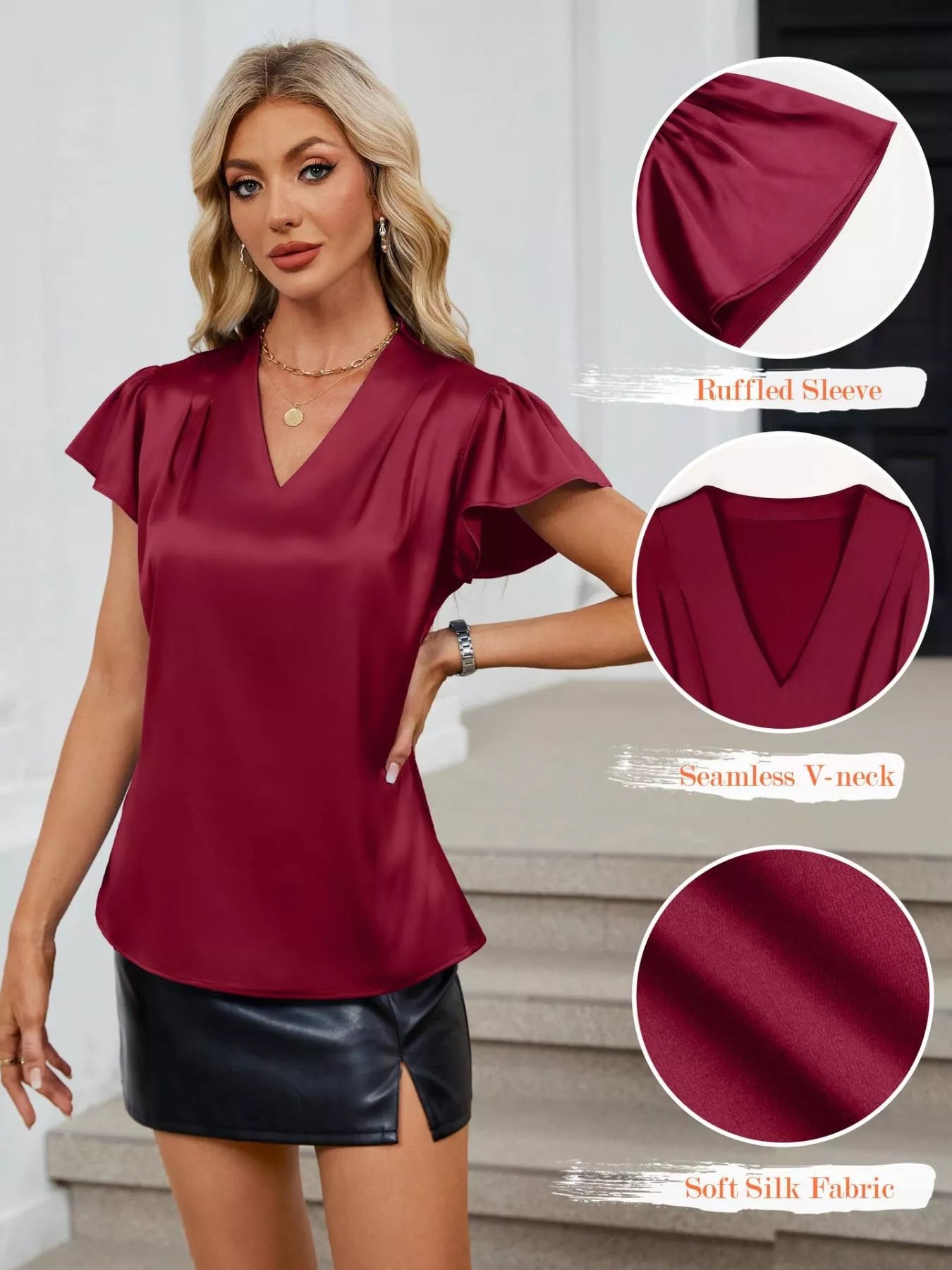 Satin V-Neck Flutter Sleeve Blouse  Shop One Place