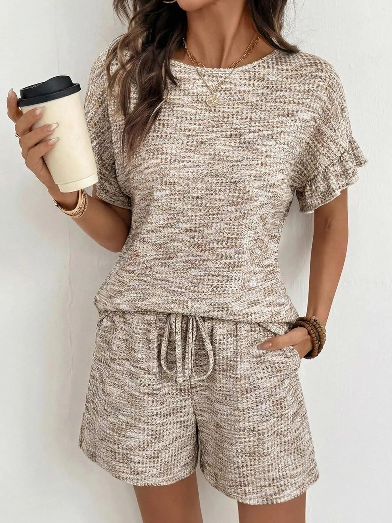 Ruffle Sleeve Textured Top and Shorts Set  Shop One Place