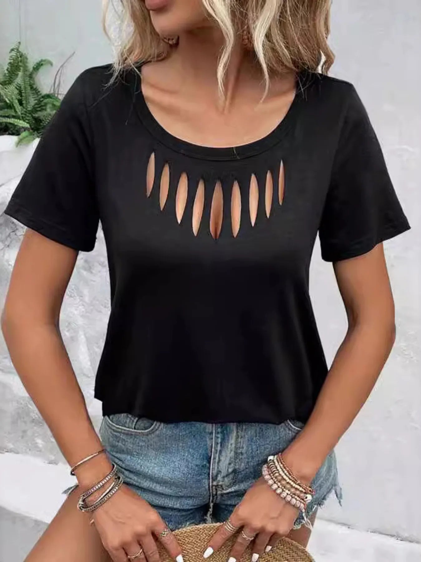Hollow Out Neckline Short Sleeve T-Shirt  Shop One Place