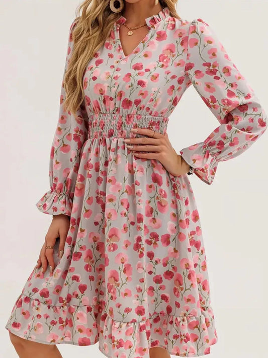 Floral Notched Flounce Sleeve Dress  Shop One Place