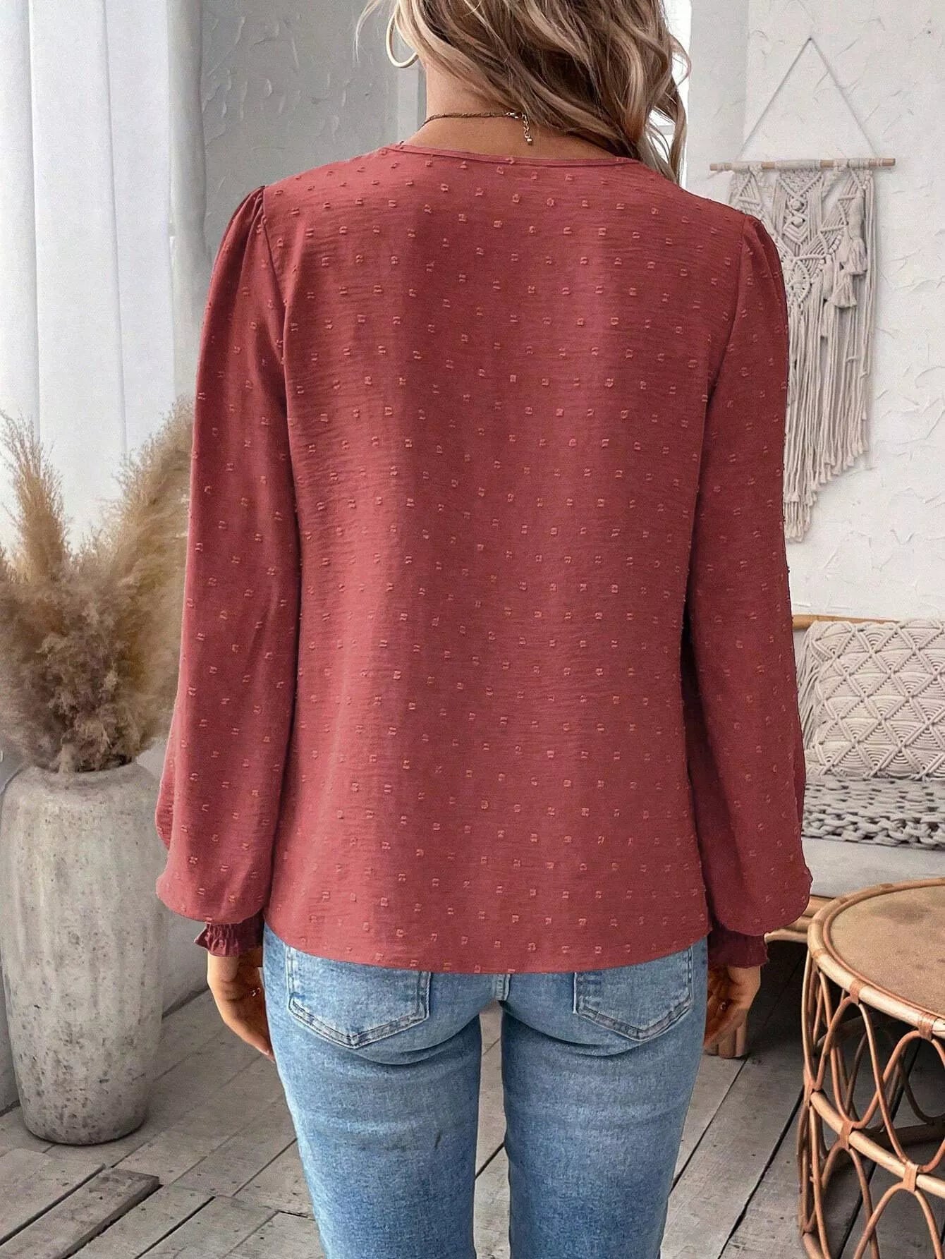 Swiss Dot Lace Detail Long Sleeve Blouse  Shop One Place