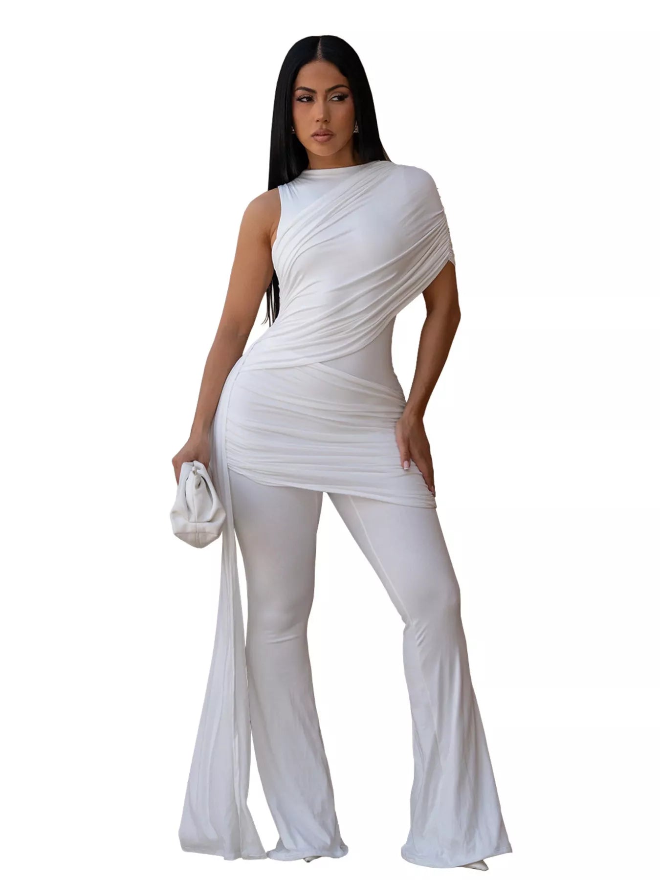 Ruched One-Shoulder Flare Leg Jumpsuit  Shop One Place