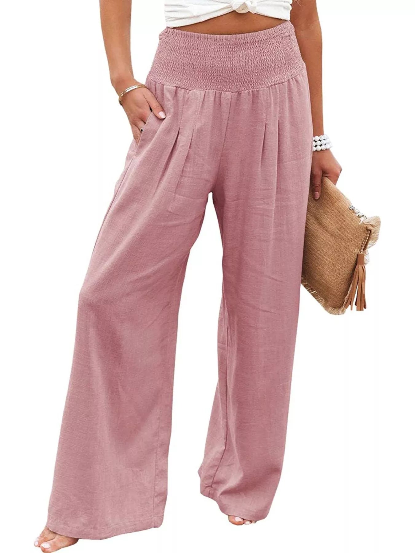 Smocked High Waisted Wide Leg Pants  Shop One Place