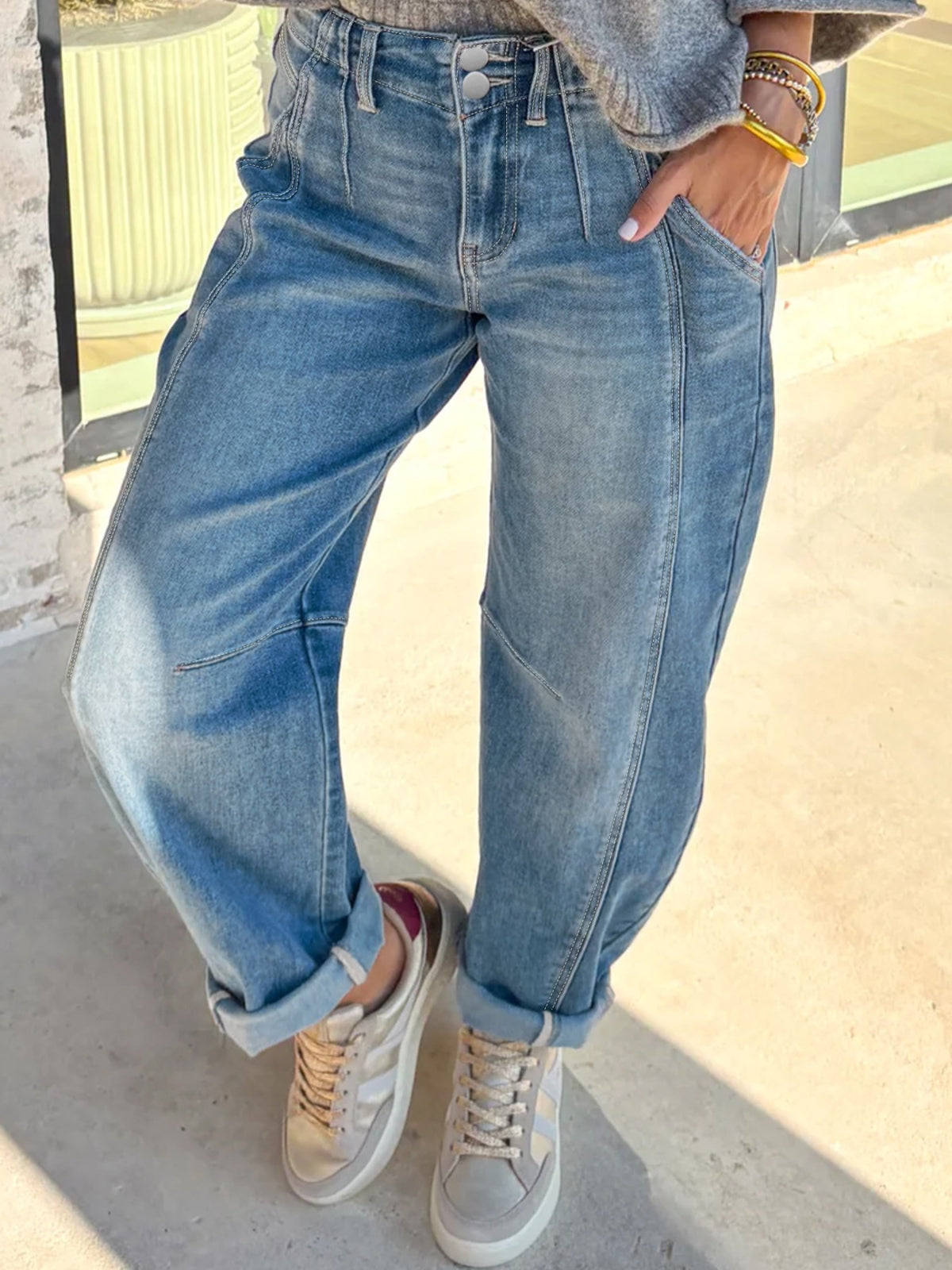 Washed Cuffed Barrel Jeans  Shop One Place