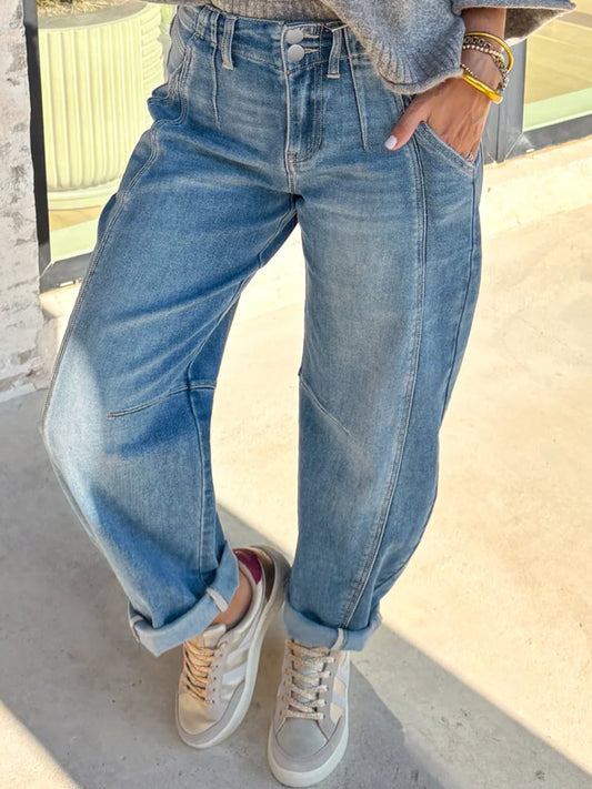 Washed Cuffed Barrel Jeans  Shop One Place