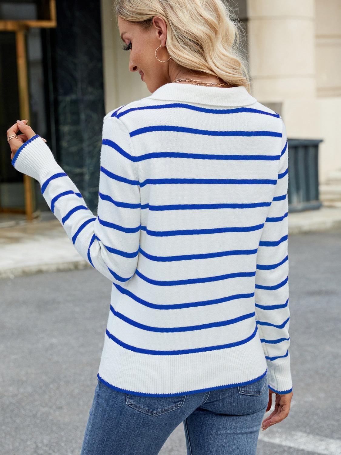 Striped Johnny Collar Long Sleeve Sweater  Shop One Place