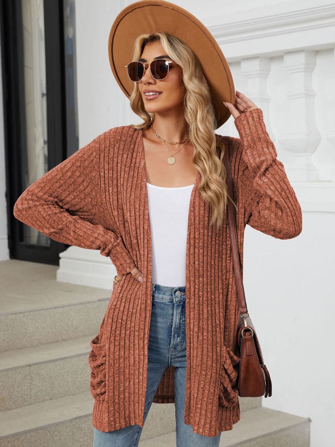 Pocketed Open Front Long Sleeve Cardigan  Shop One Place
