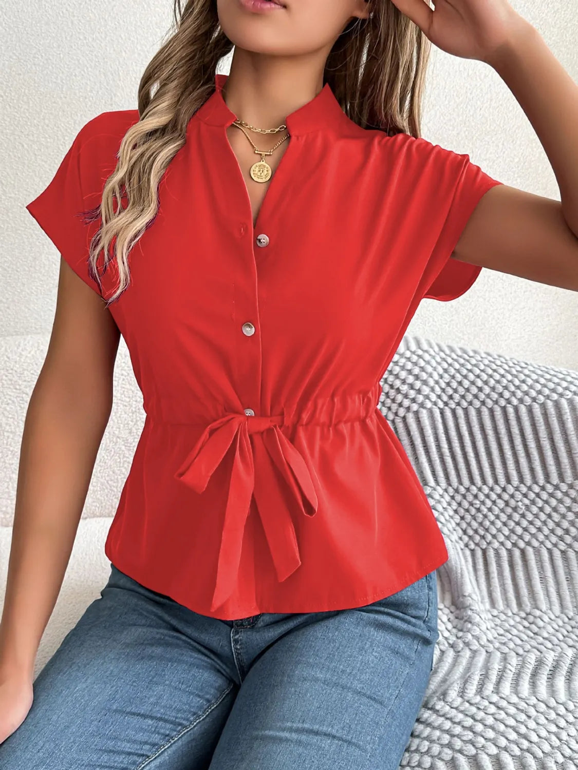 Notched Short Sleeve Blouse  Shop One Place