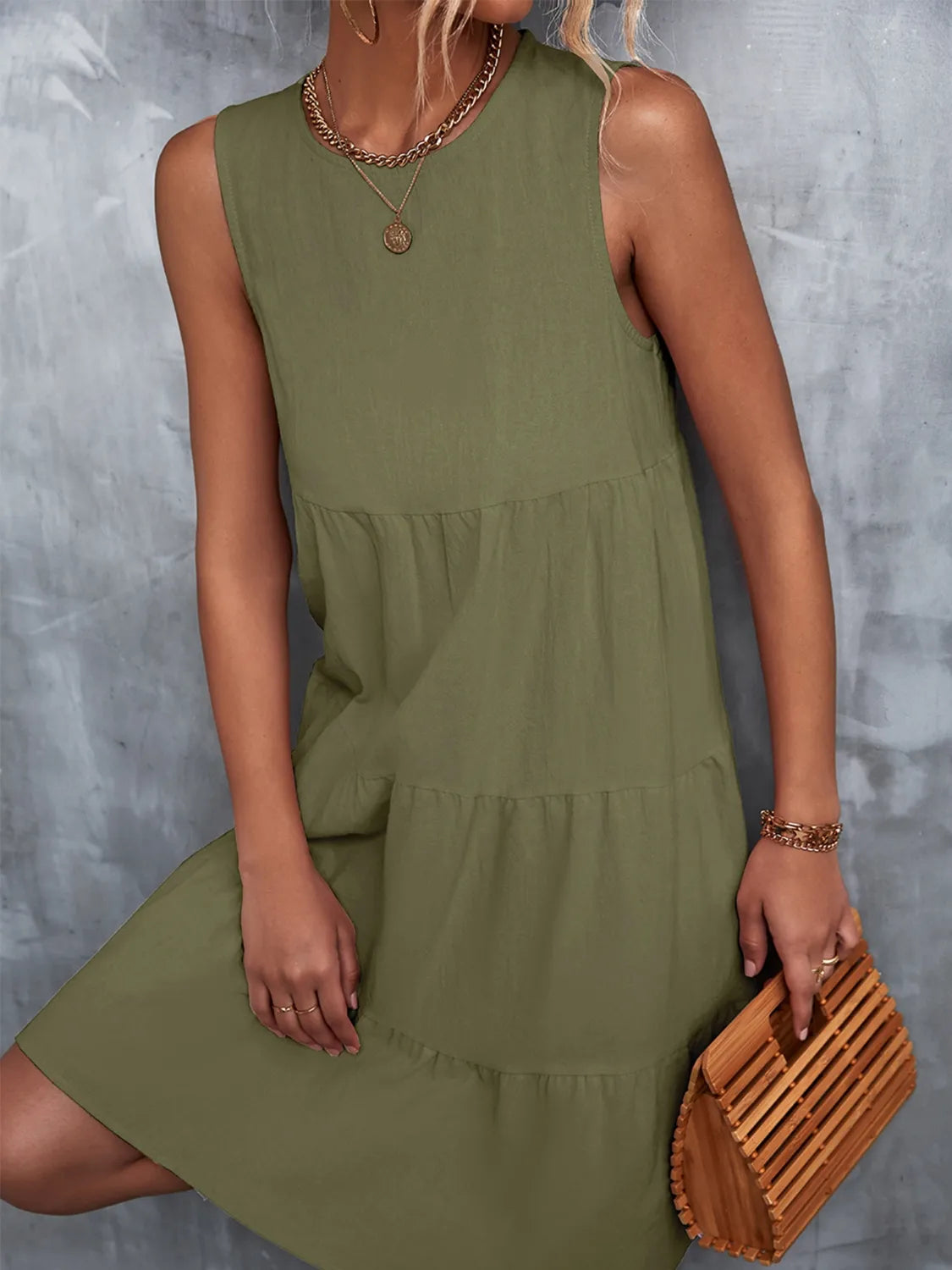 Tiered Round Neck Sleeveless Mini Tank Dress  Shop One Place