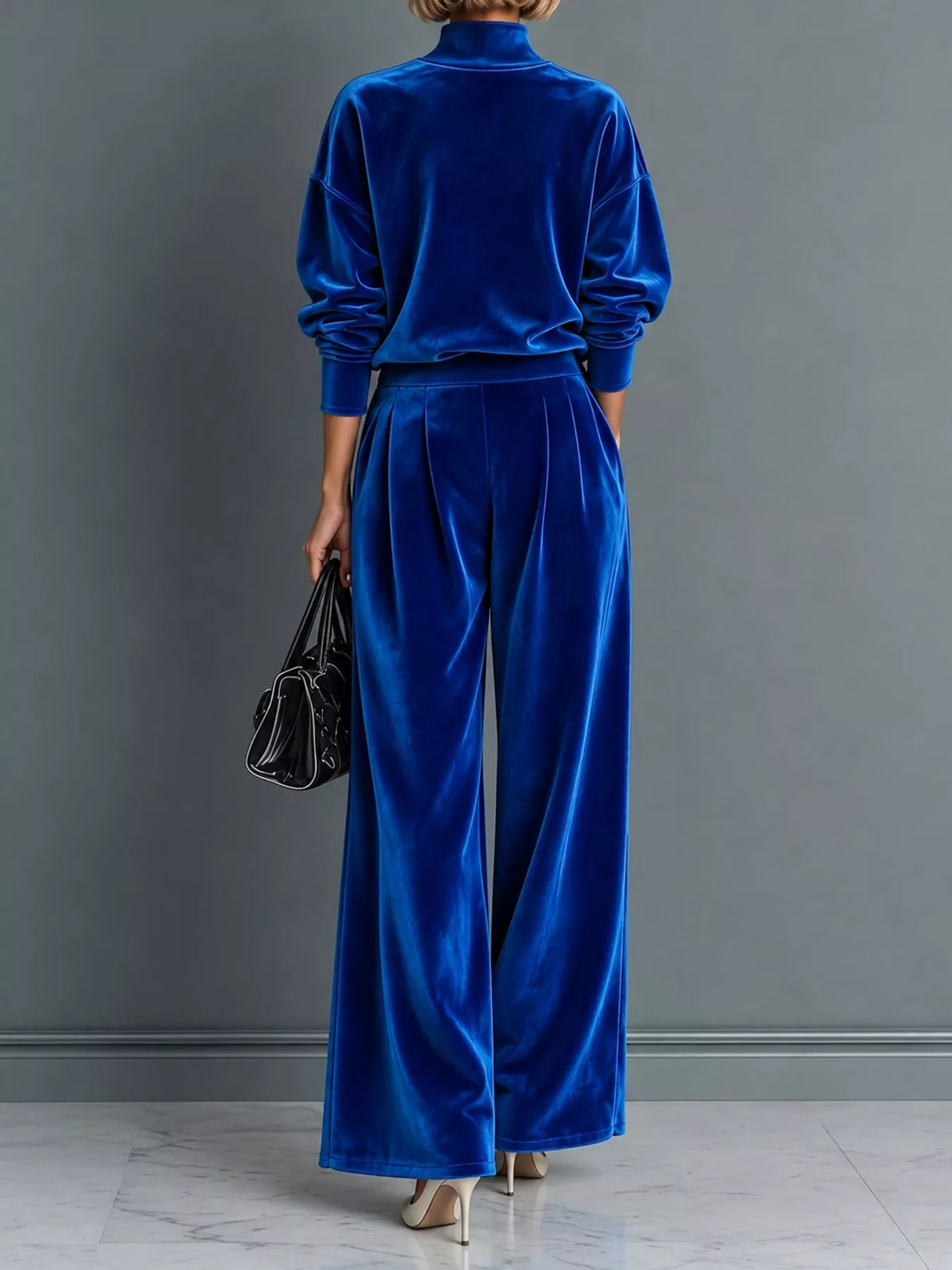 Women's Velvet Mock Neck Top & Wide-Leg Pants Set – view 4