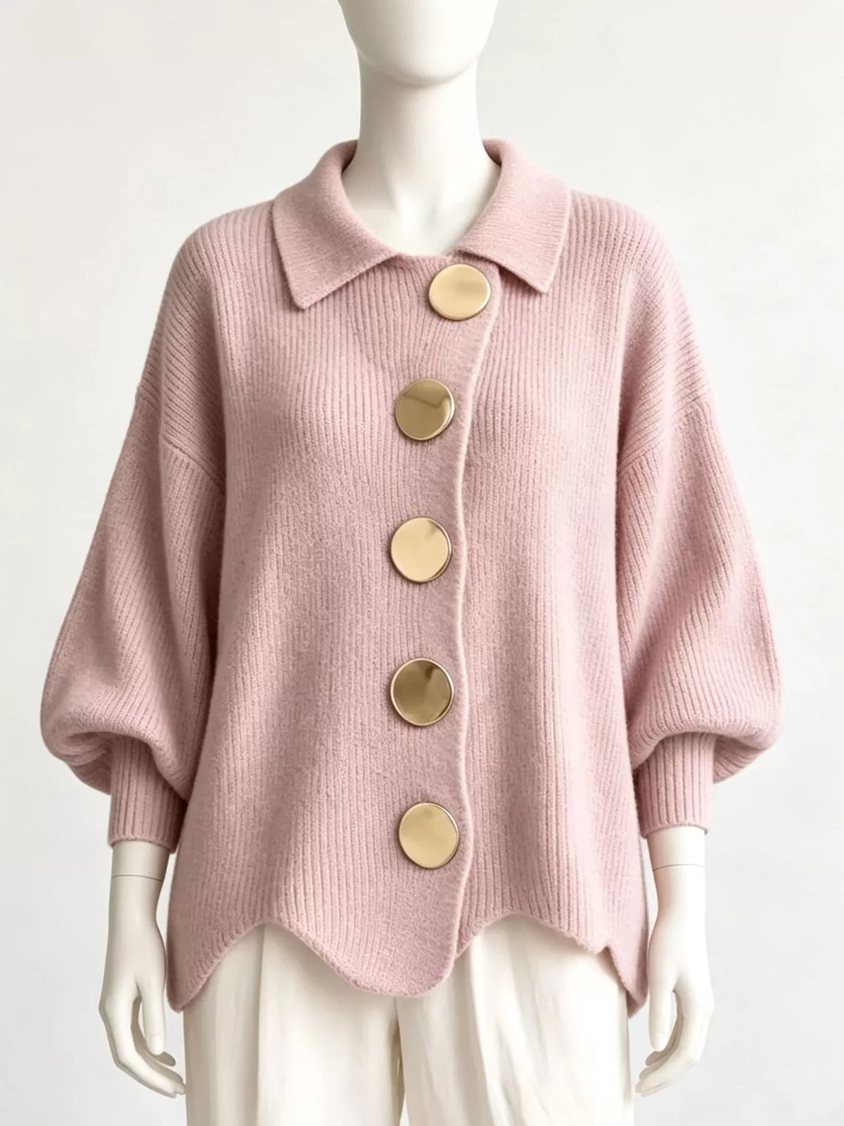 Full Size Collared Wavy Hem Knit Cardigan with Metal Button Plus Size  Shop One Place