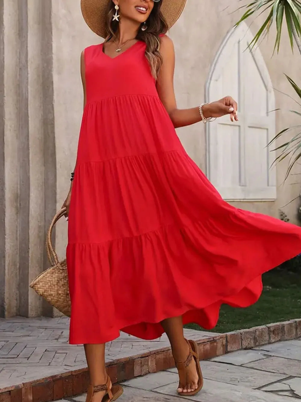 Tiered V-Neck Sleeveless Dress  Shop One Place