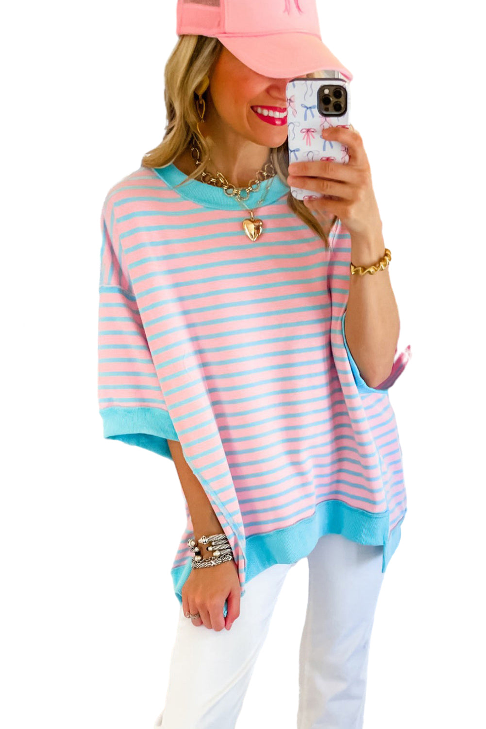 Stripe Colorblock Drop Sleeve Oversized T Shirt