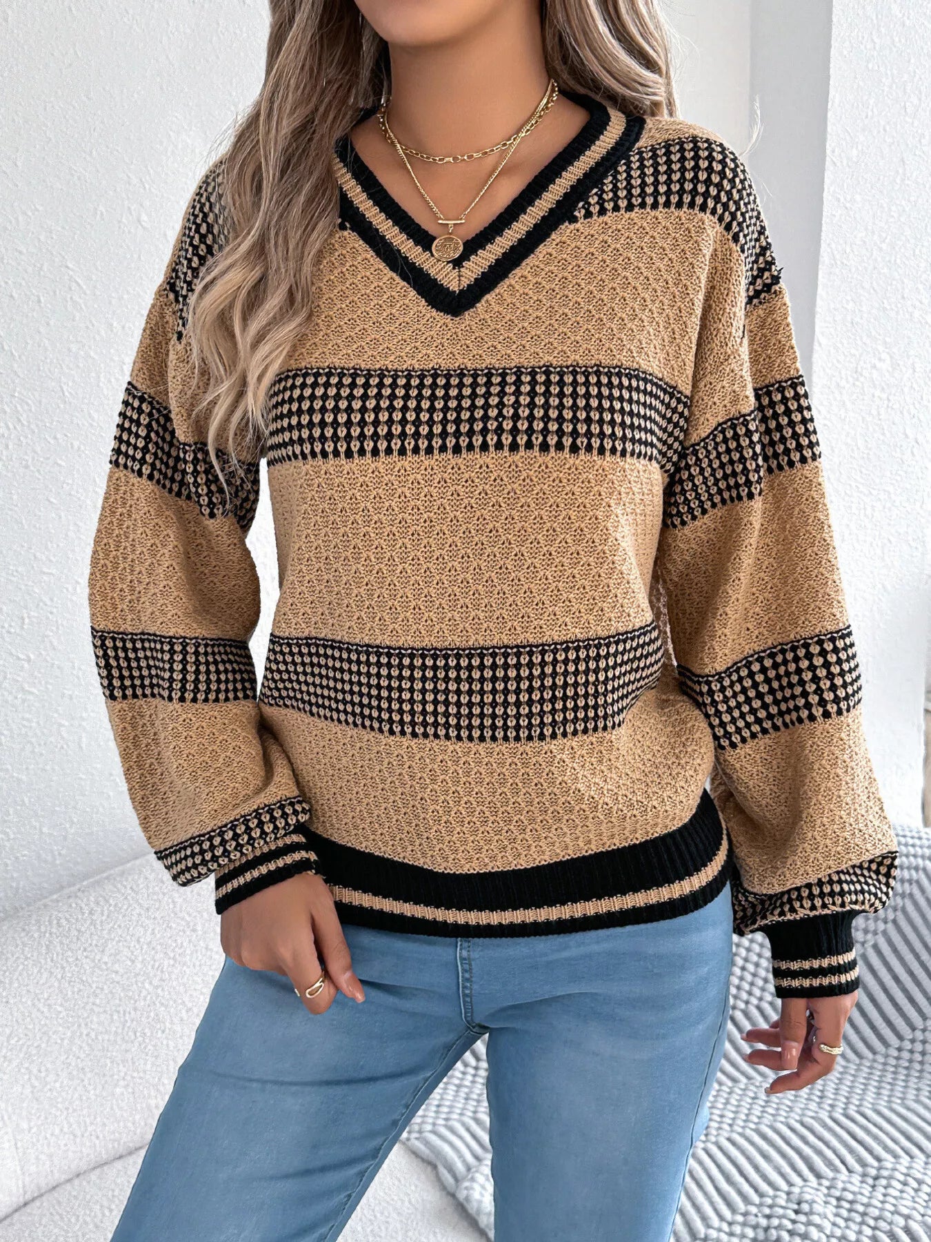 Contrast Striped V-Neck Sweater  Shop One Place