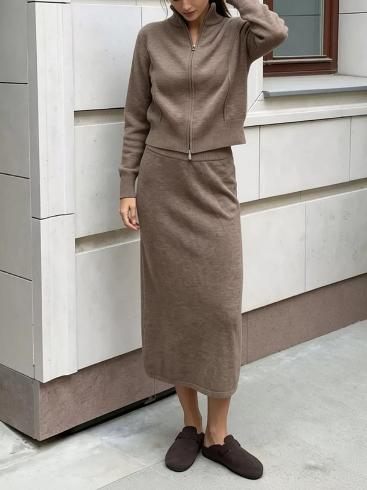 Zip-Up Mock Neck Cardigan and Matching Midi Skirt Sweater Set  Shop One Place