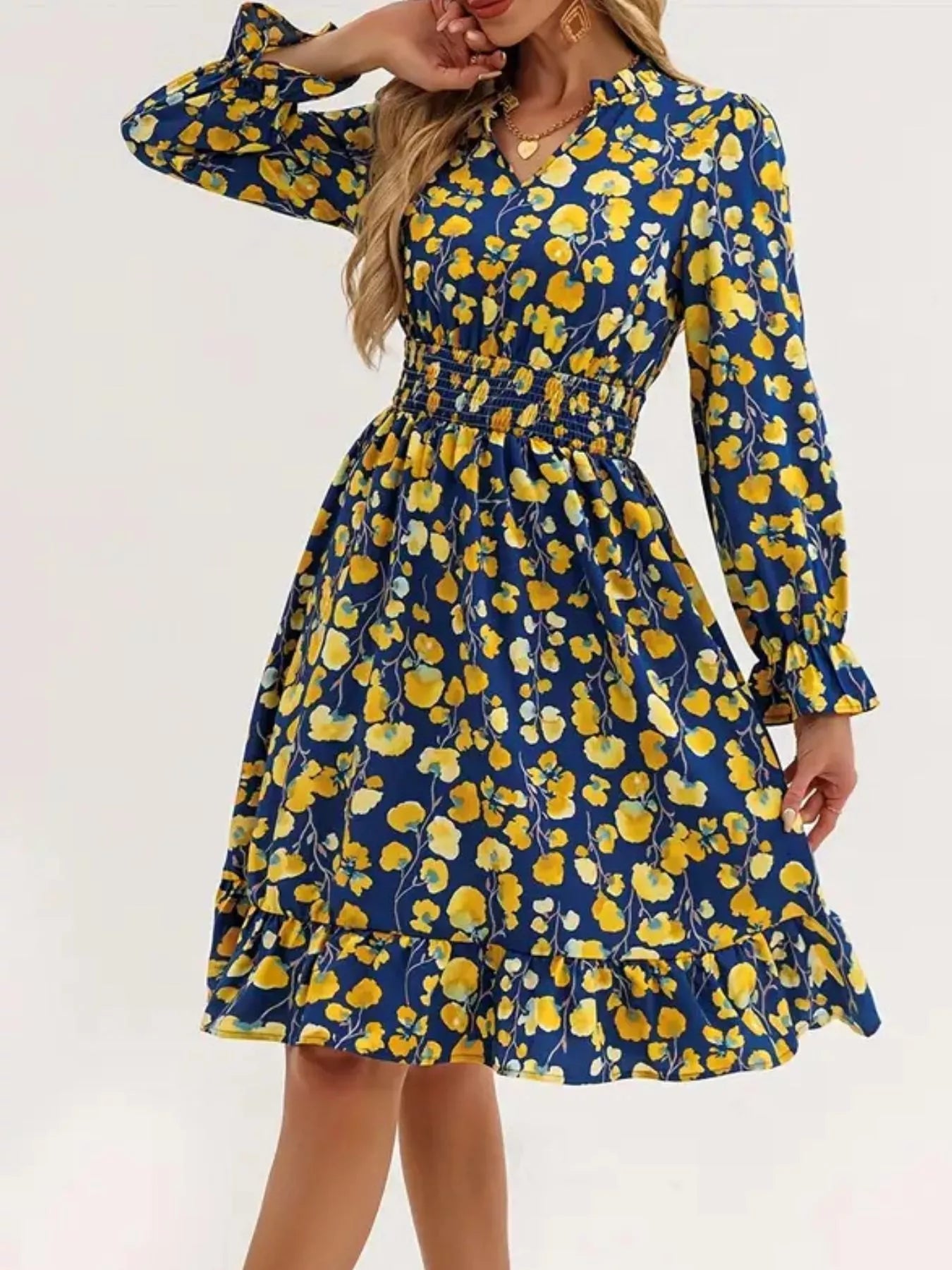 Floral Notched Flounce Sleeve Dress  Shop One Place