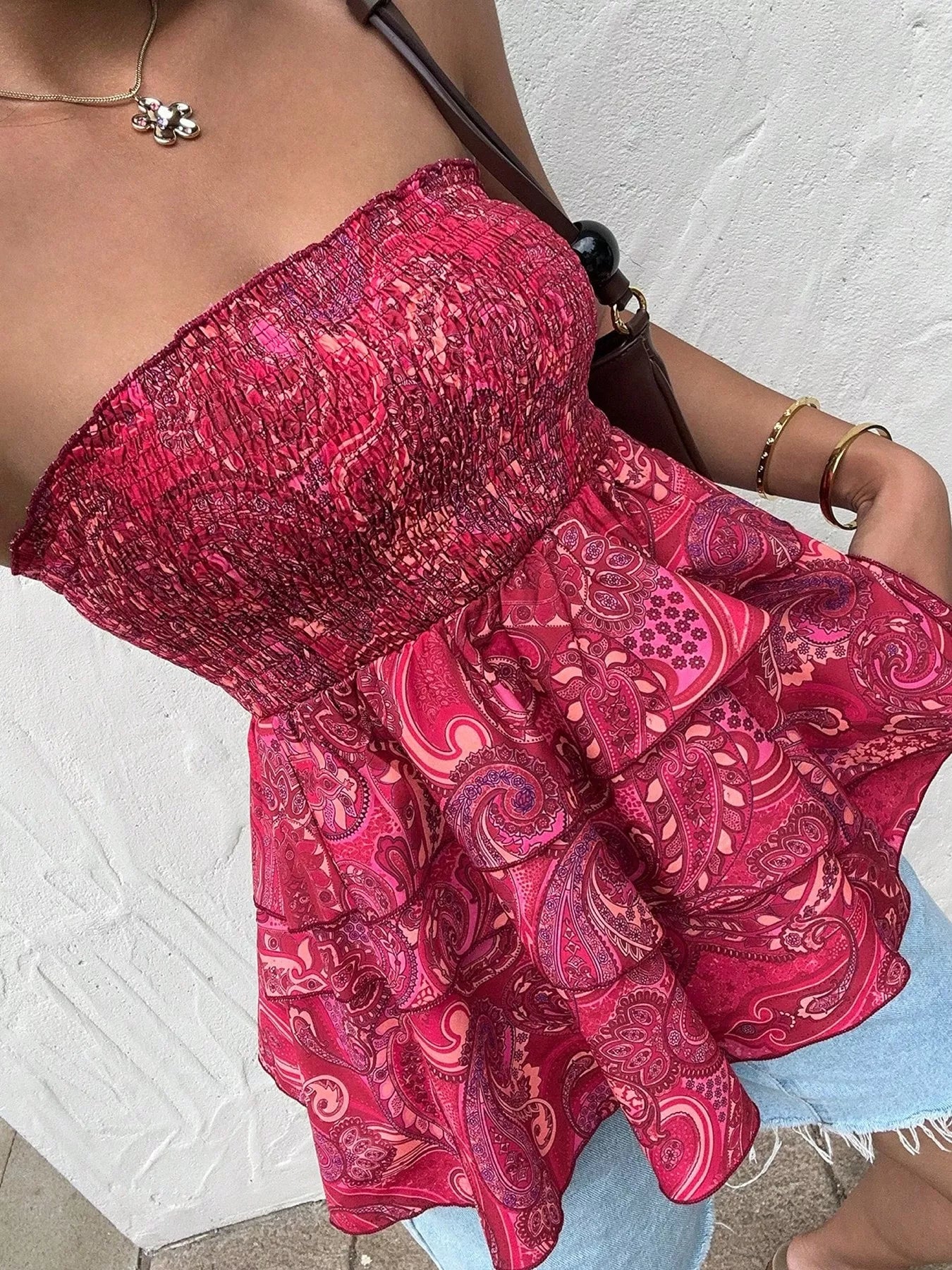 Smocked Layered Paisley Print Tube Top  Shop One Place