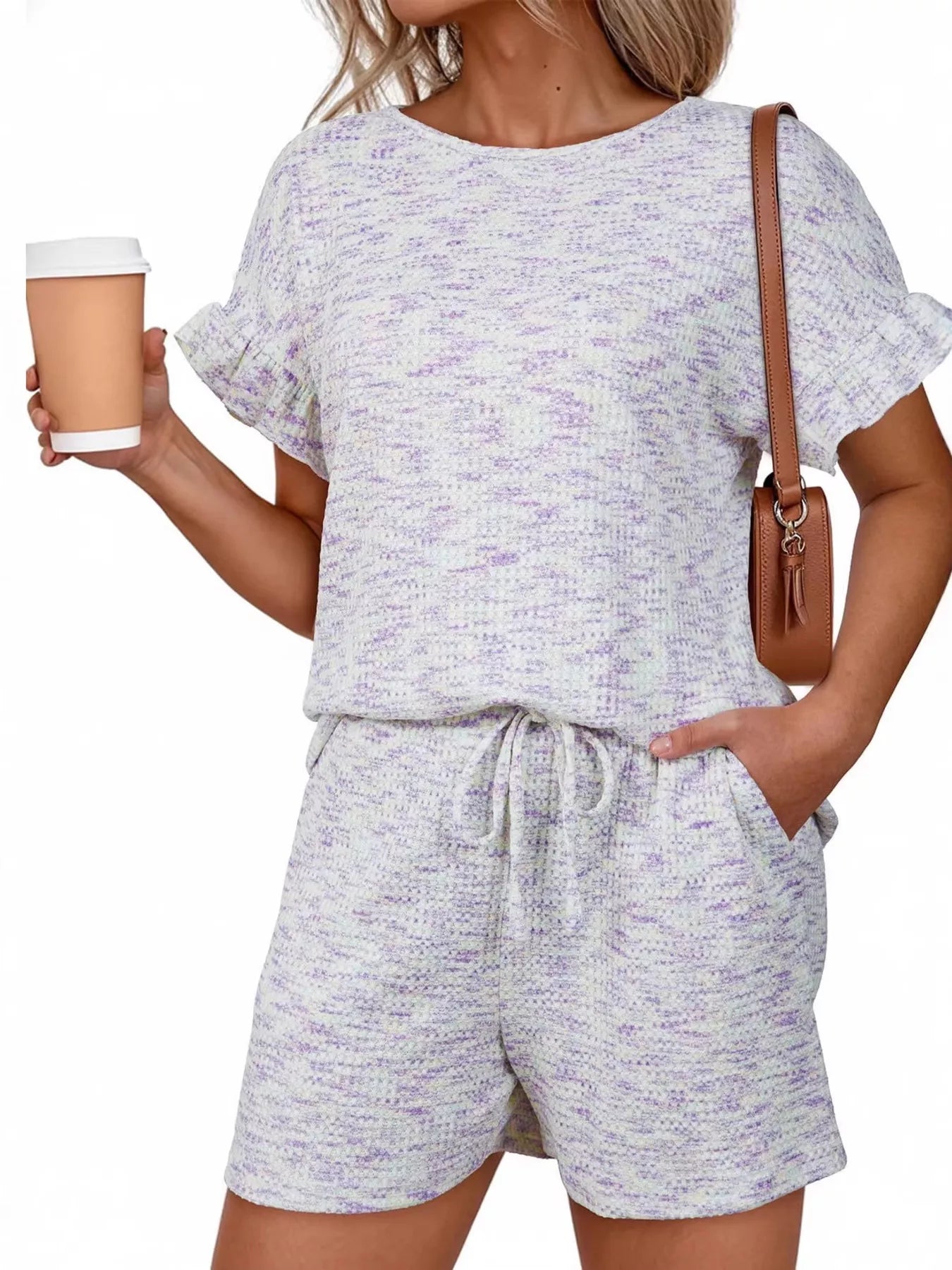 Ruffle Sleeve Textured Top and Shorts Set  Shop One Place