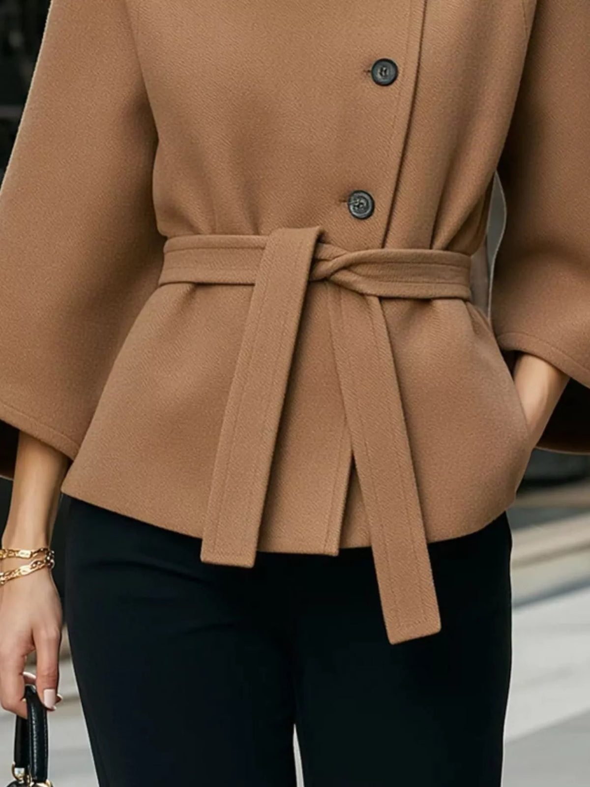 Button Down Cape Coat with Belted Waist  Shop One Place
