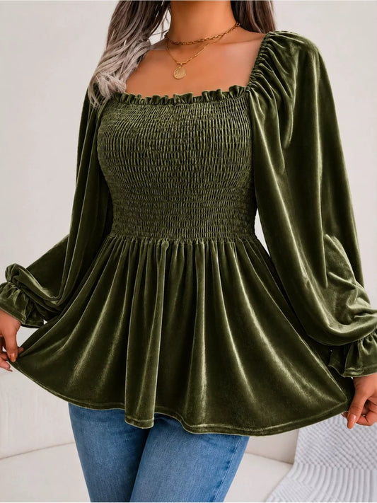 Women's Velvet Smocked Peplum Blouse