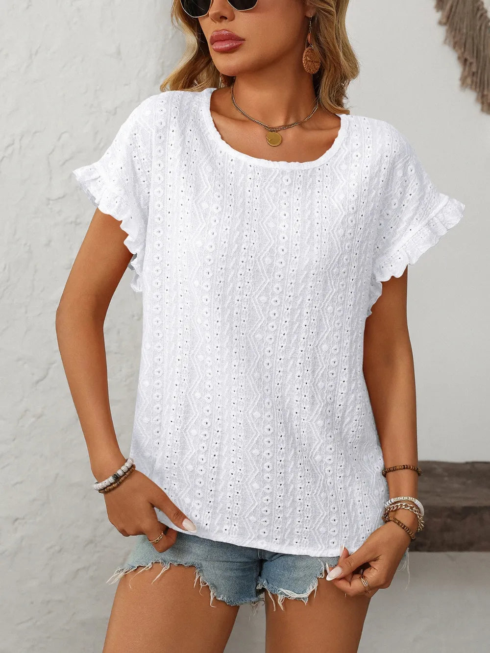 Mandy Eyelet Round Neck Short Sleeve Top  Shop One Place