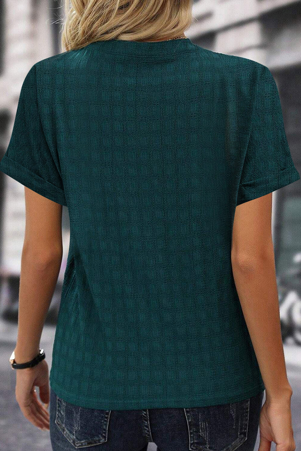 Sea Green Textured Split V-Neck Short Sleeve Blouse