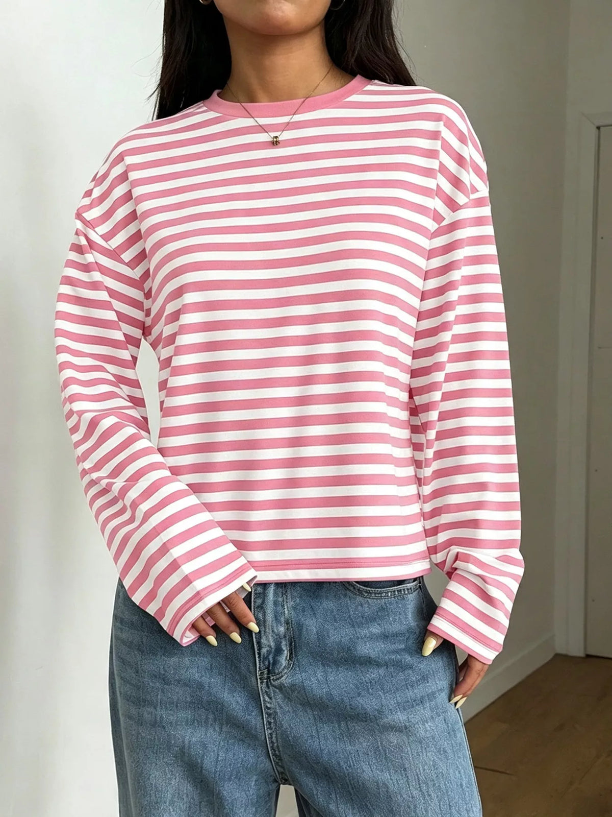 Striped Long Sleeve Crew Neck T-Shirt Plus Size in Multicolor