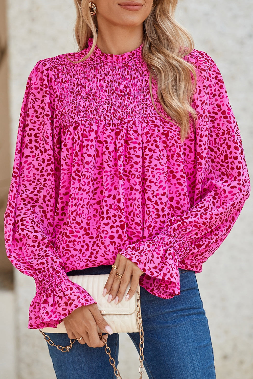 Rose Leopard Shirred Puff Sleeve Flowy Blouse