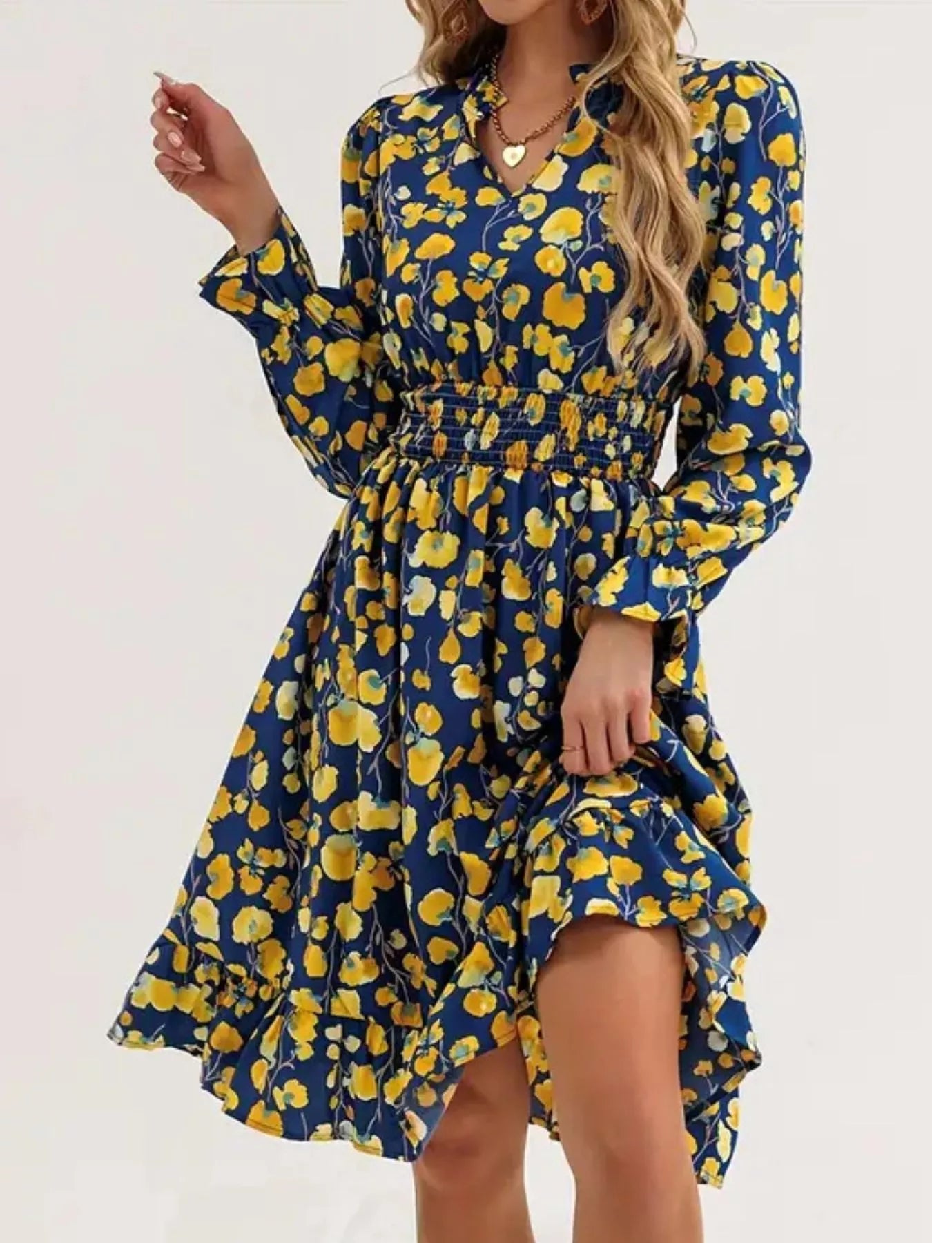Floral Notched Flounce Sleeve Dress  Shop One Place