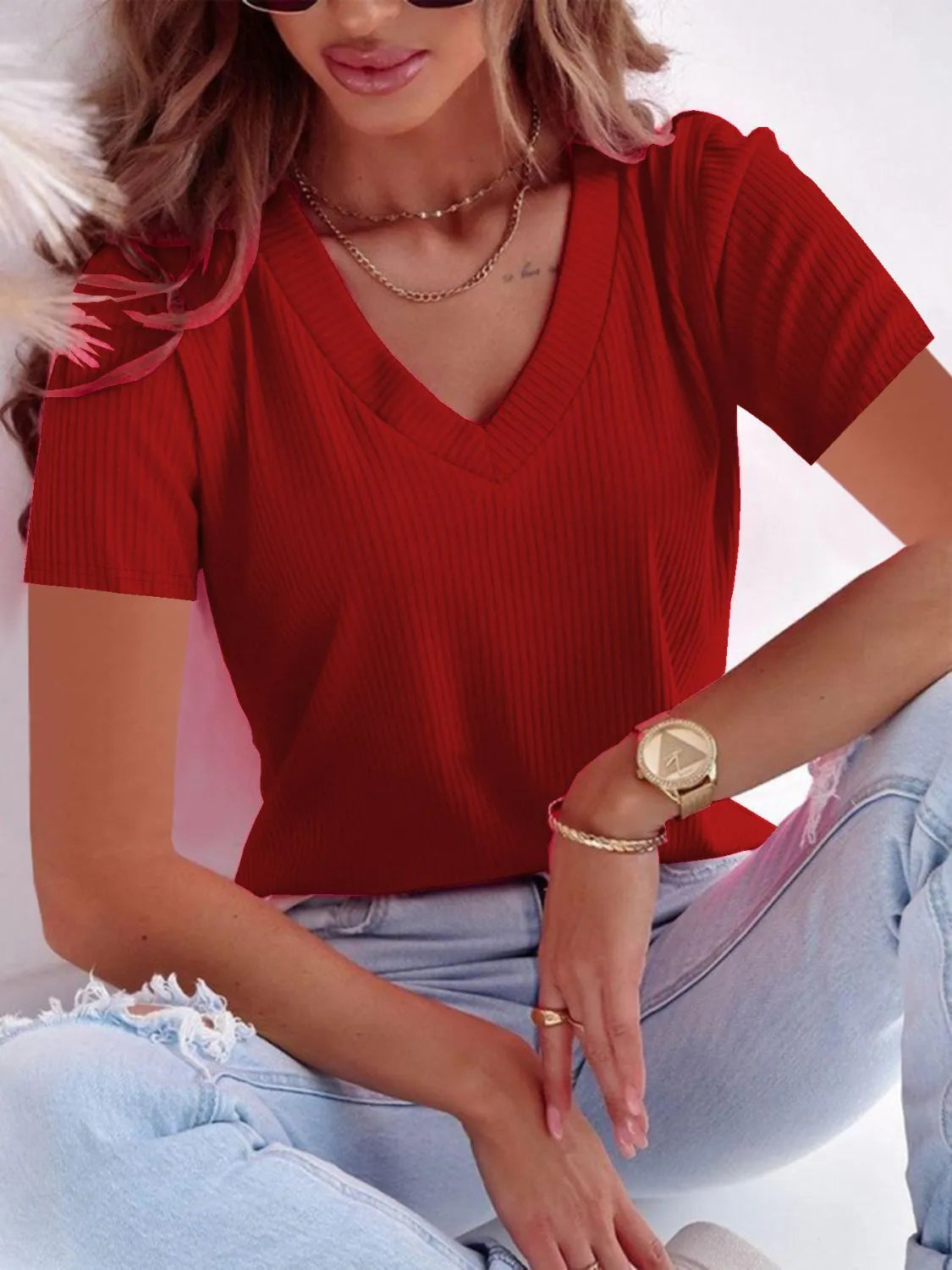 Full Size Solid V-Neck Short Sleeve T-Shirt Plus Size  Shop One Place