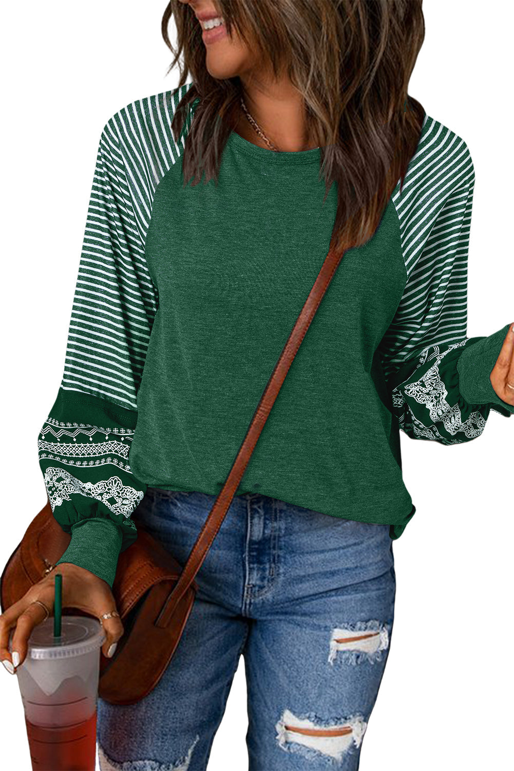 Contrast Print Striped Raglan Long Sleeve Loose Top  Shop One Place