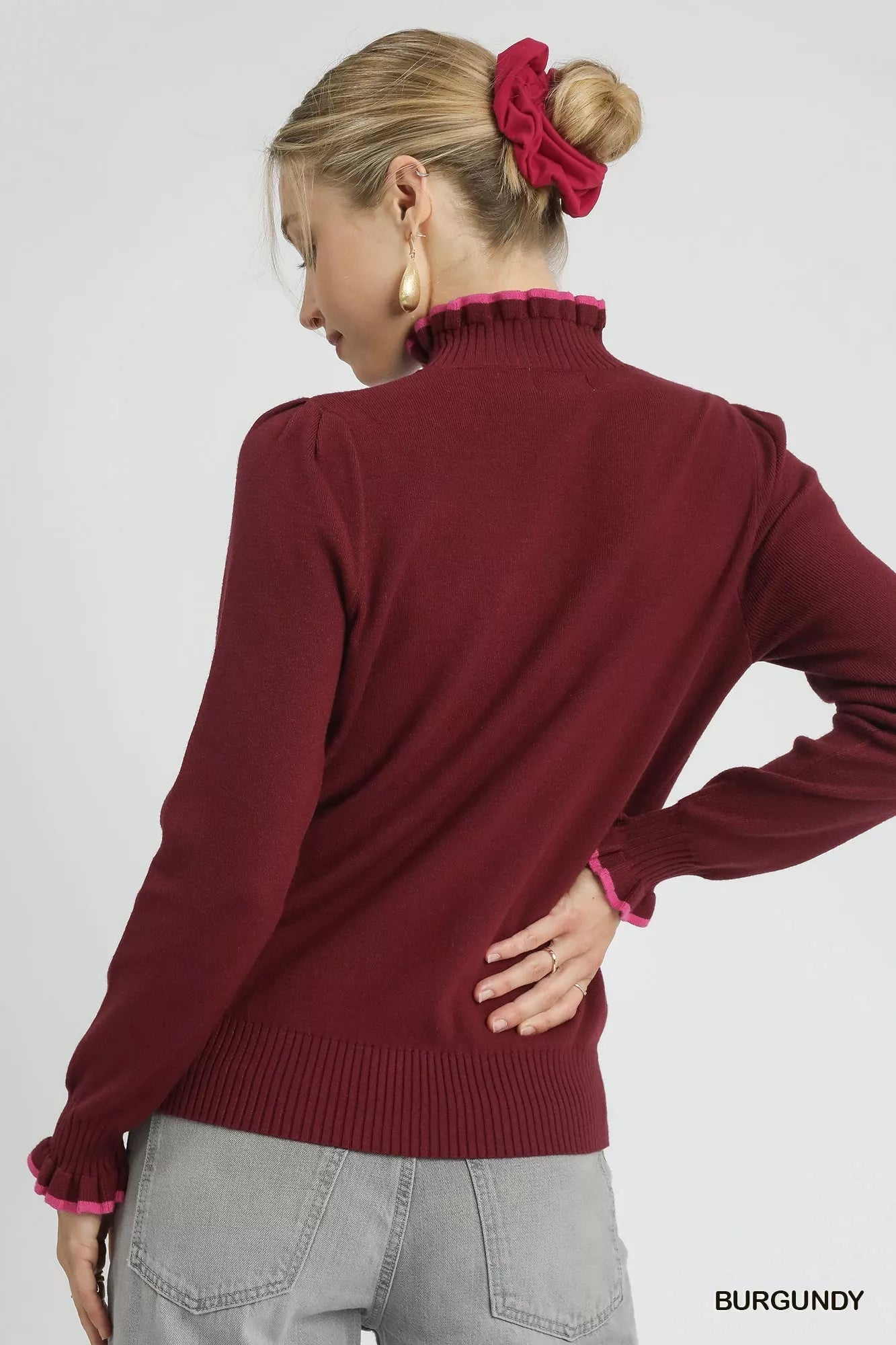 Umgee Ribbed Round Neck Sweater with Ruffle Contrast Trim  Shop One Place