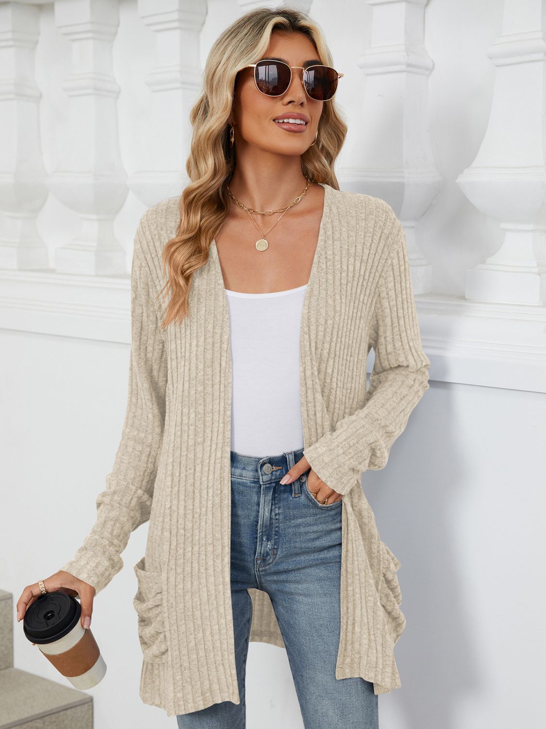 Pocketed Open Front Long Sleeve Cardigan  Shop One Place