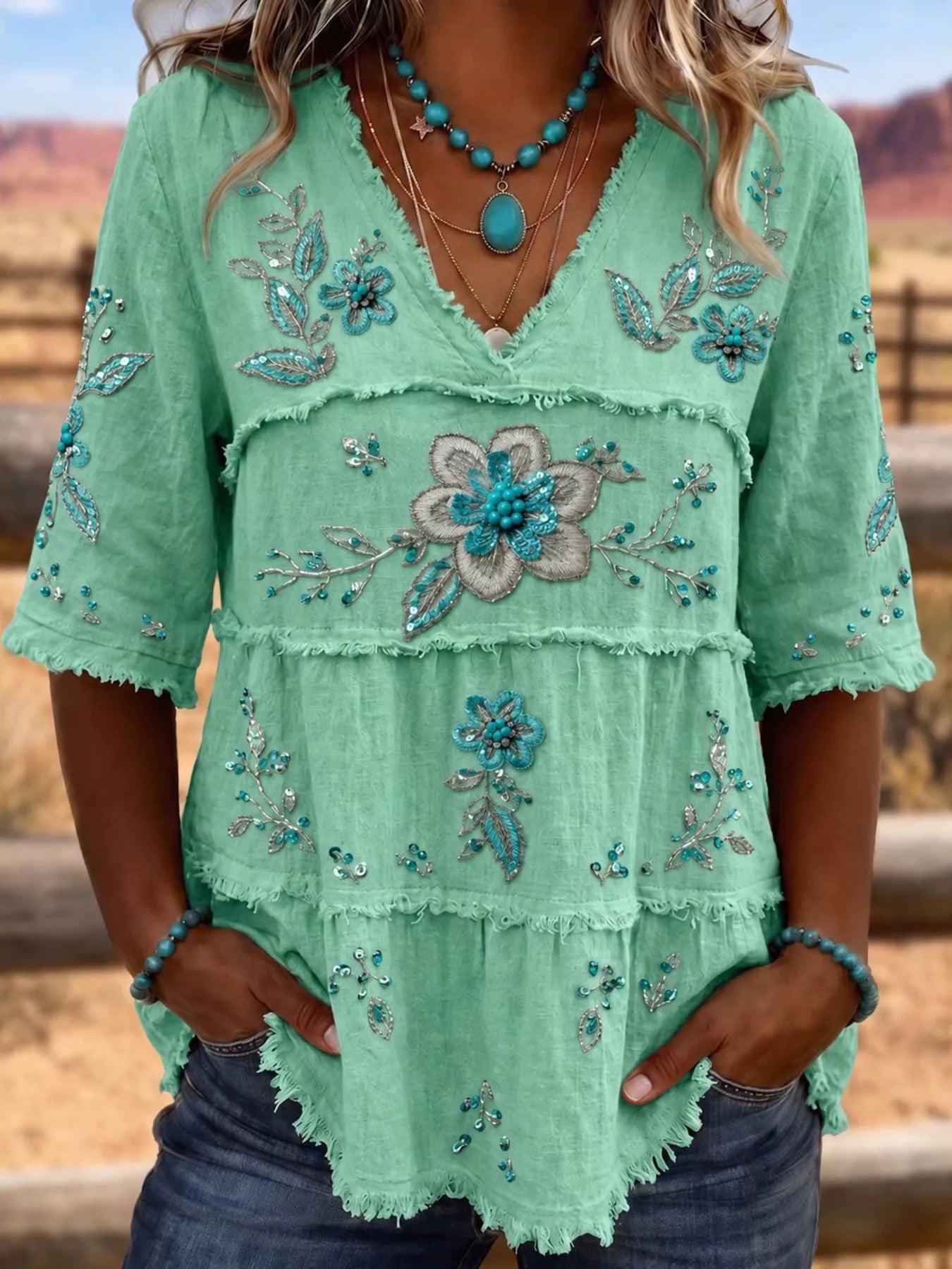 Full Size Floral Raw Hem V-Neck Blouse Plus Size  Shop One Place