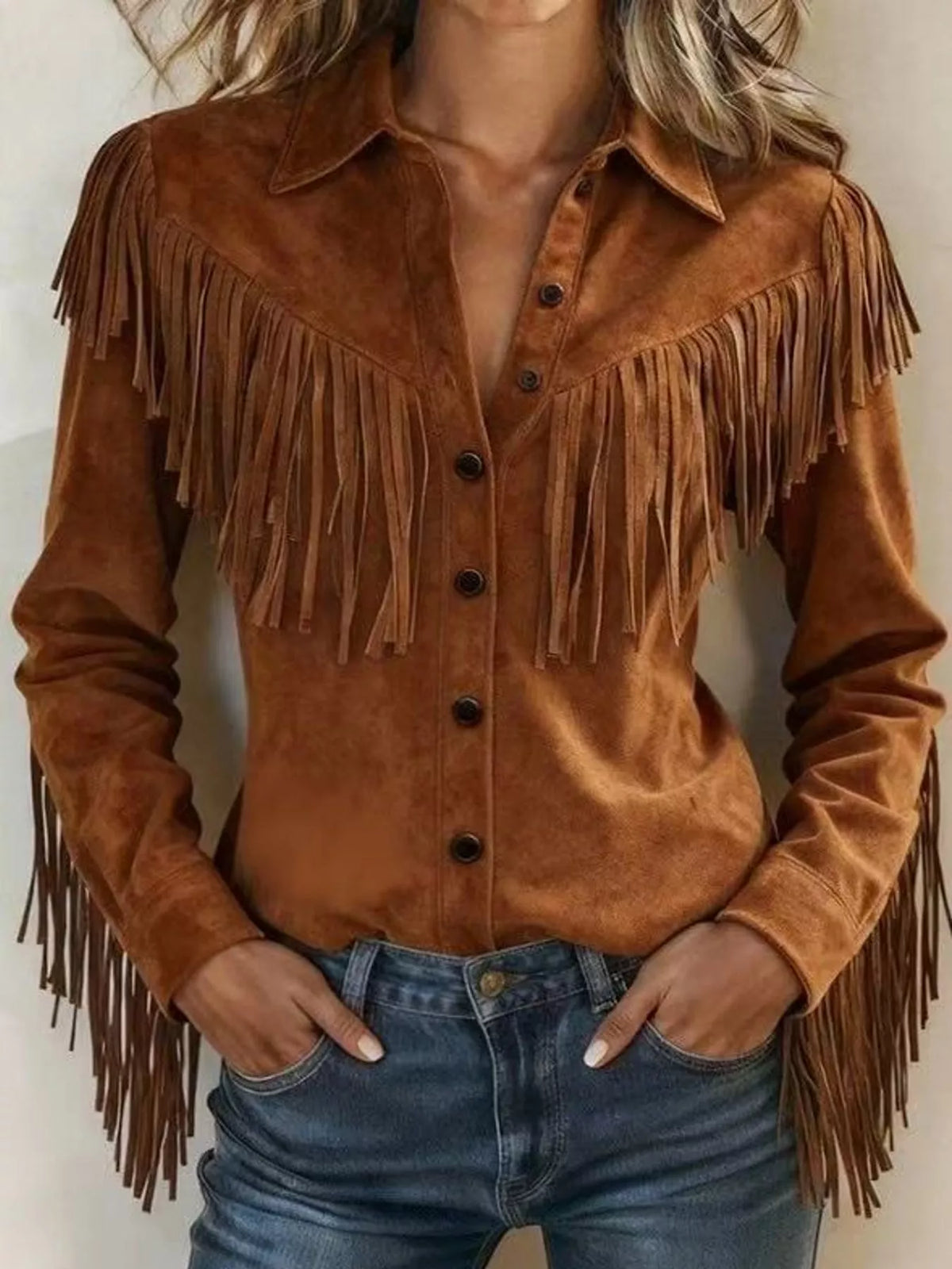 Women's Fringed Button-Up Knit Shirt