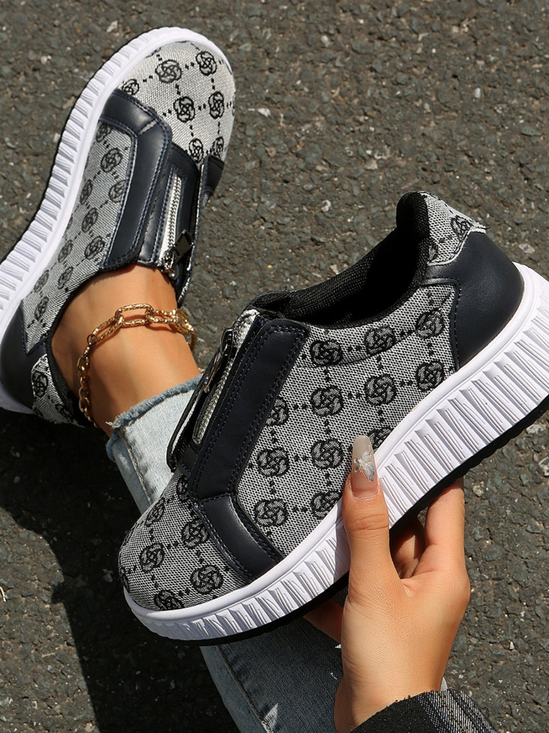 Floral Round Toe Sneakers with Zip  Shop One Place