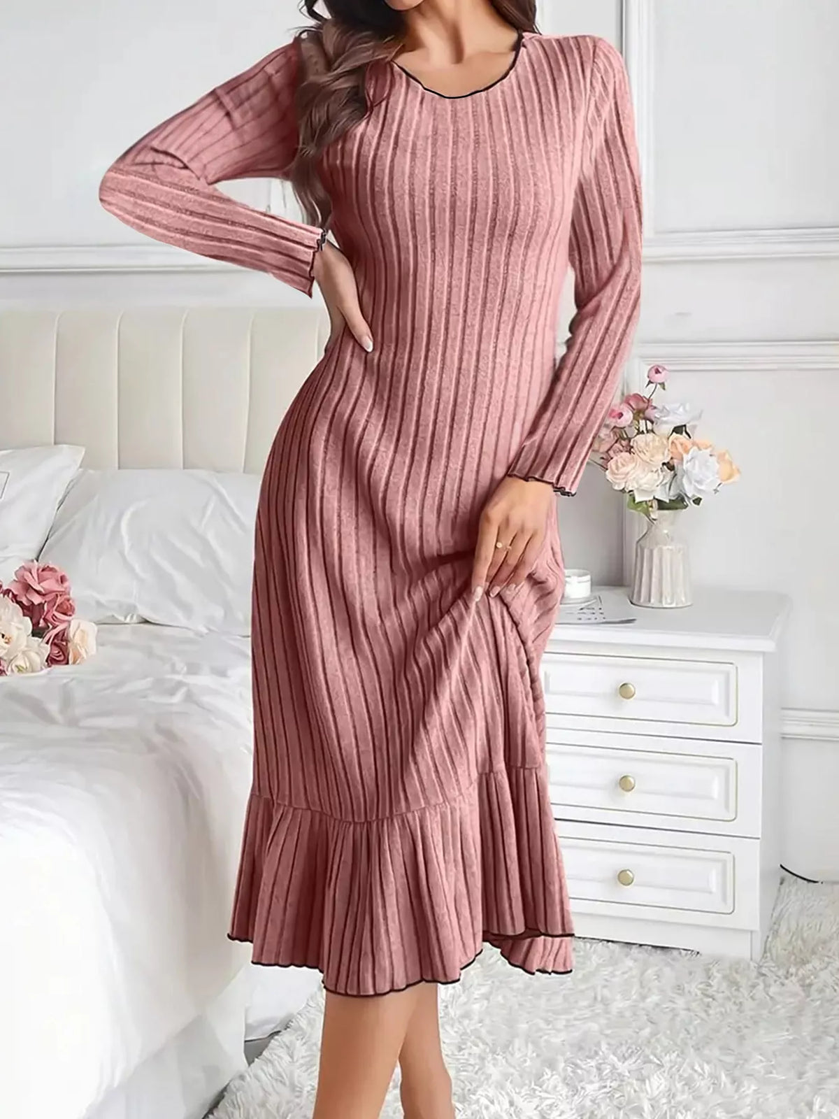 Women's Ribbed Knit Ruffle Hem Bodycon Dress – view 4