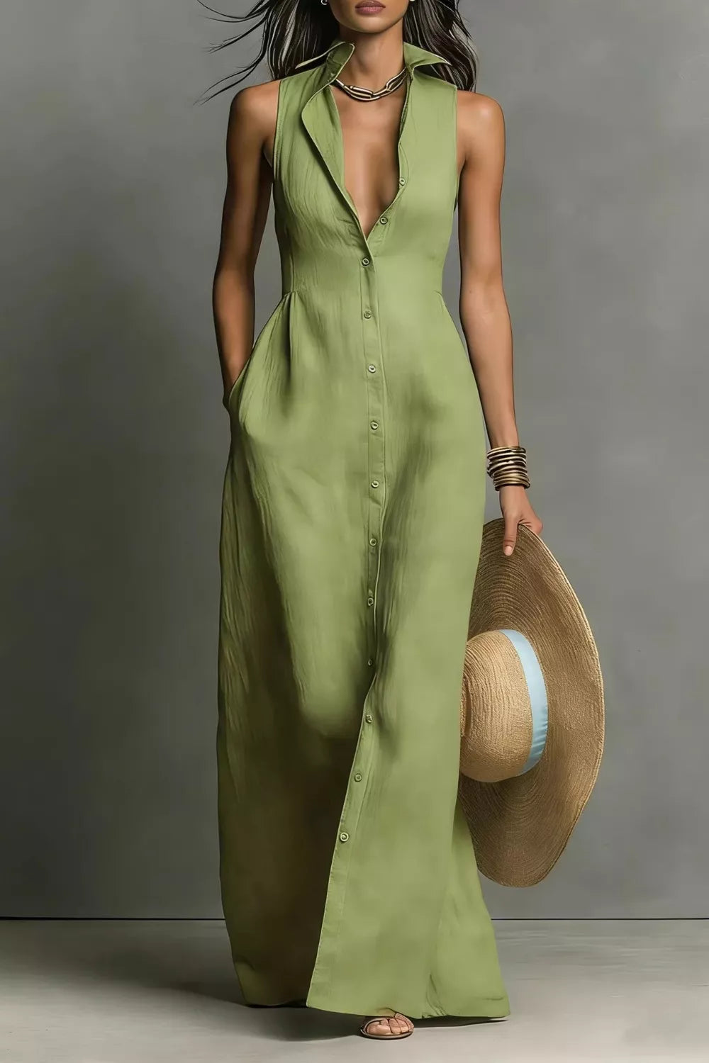 Sleeveless Button-Down Maxi Dress  Shop One Place