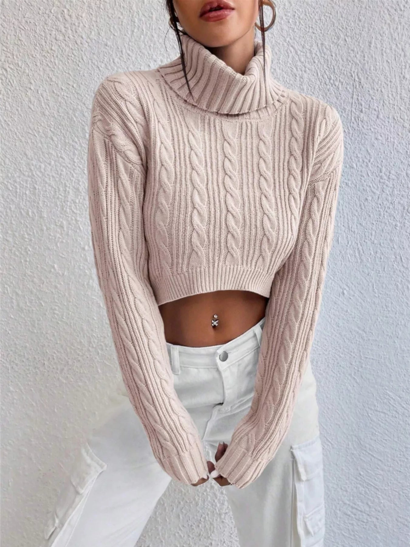 Cable-Knit Turtleneck Long Sleeve Sweater  Shop One Place