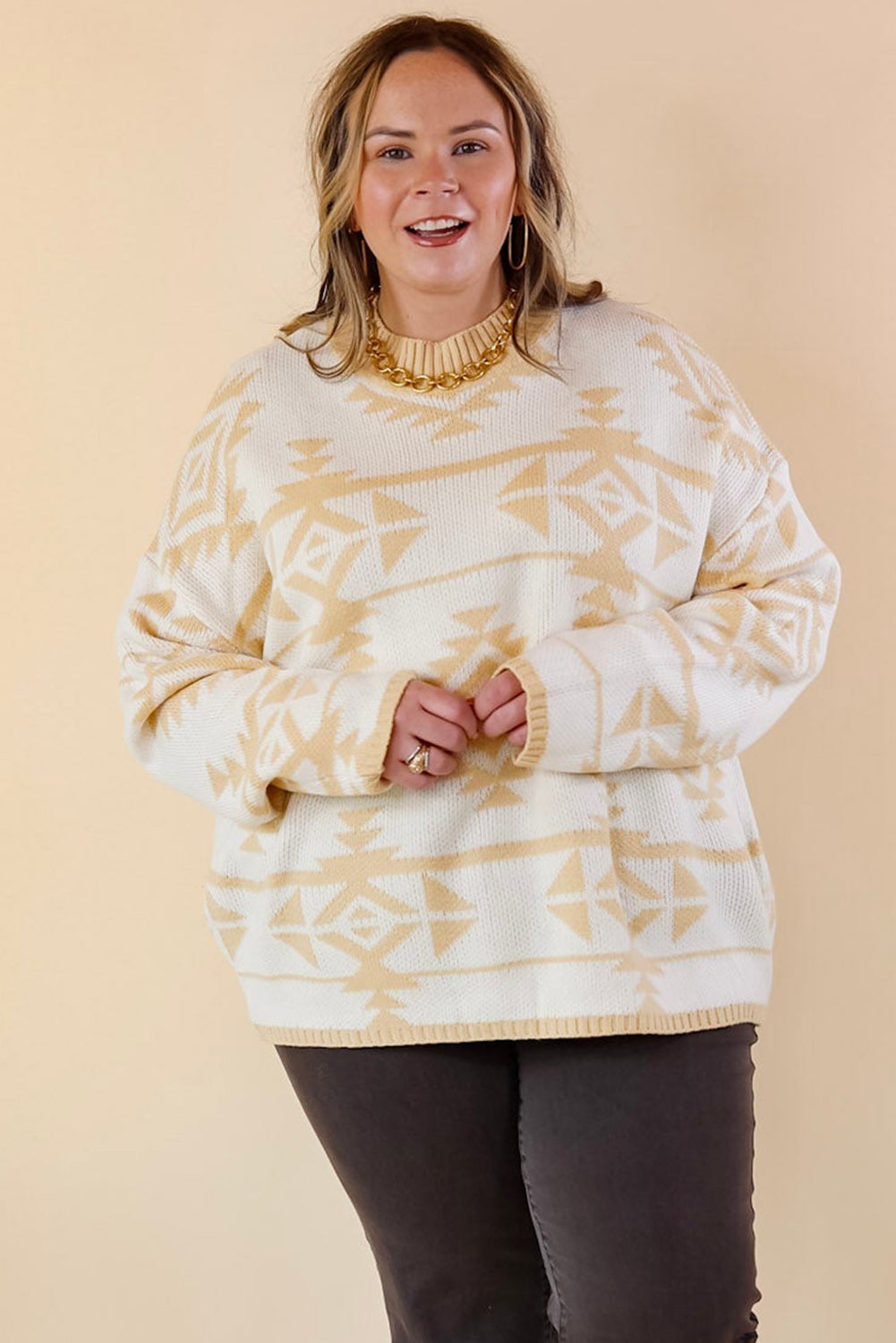 Apricot Plus Size Geometric Print Drop Sleeve Sweater