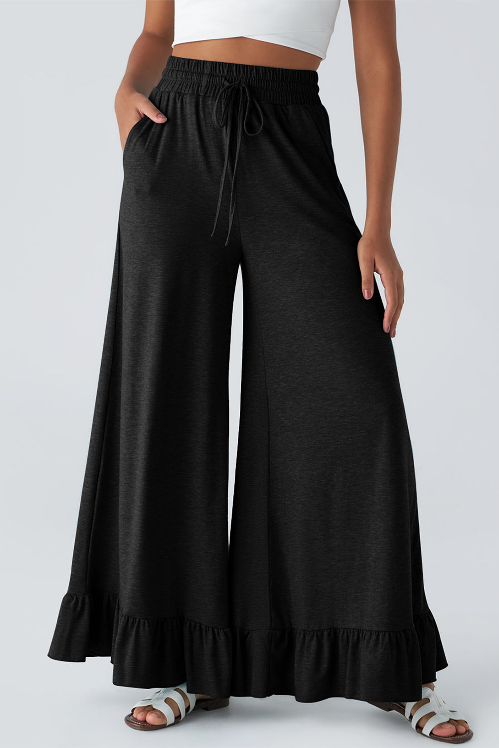 Jungle Green Solid Color Ruffle Hem Wide Leg Pants  Shop One Place