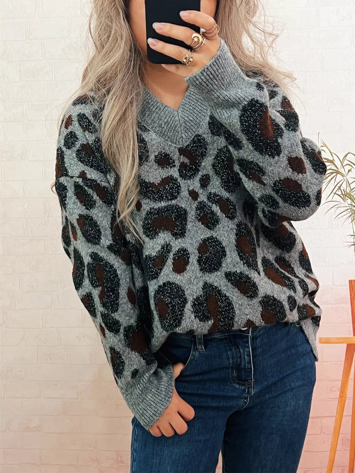 Leopard V-Neck Drop Shoulder Sweater  Shop One Place