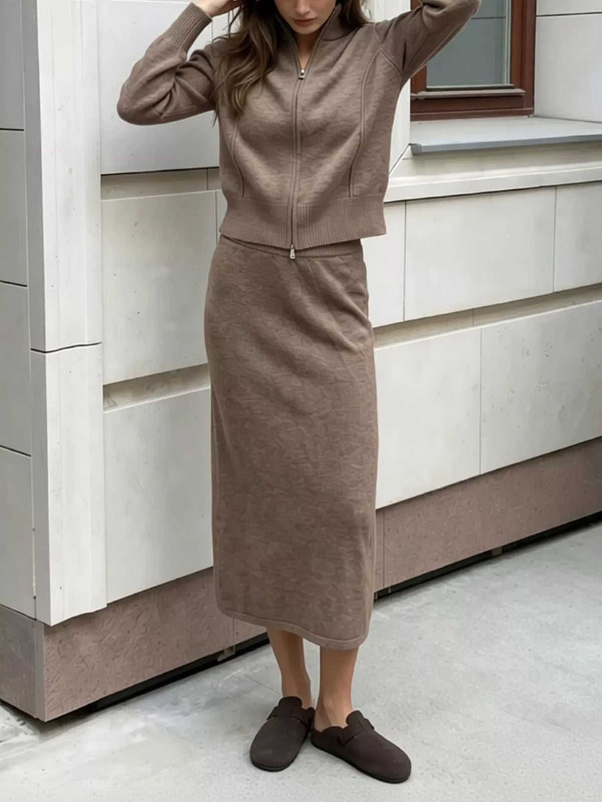 Zip-Up Mock Neck Cardigan and Matching Midi Skirt Sweater Set  Shop One Place